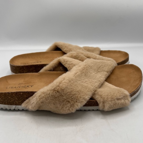 Lisa Vicky Tan Faux Fur Slide Sandals - Picture 3 of 5
